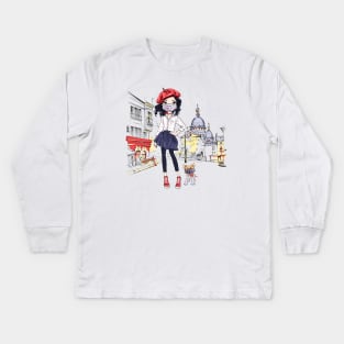 Girl in Paris walks a dog on quarantine Kids Long Sleeve T-Shirt